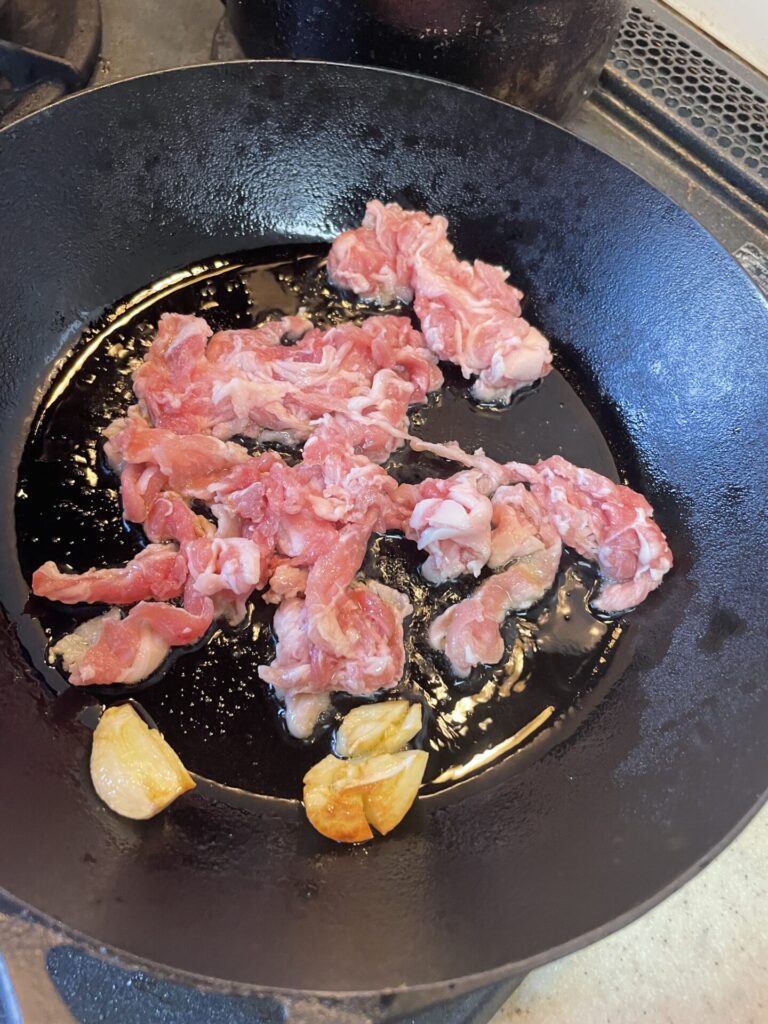 筍と豚肉とあさつきの和風ペペロンチーノ