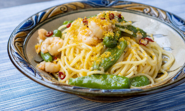 海老とししとう、カラスミのパスタ