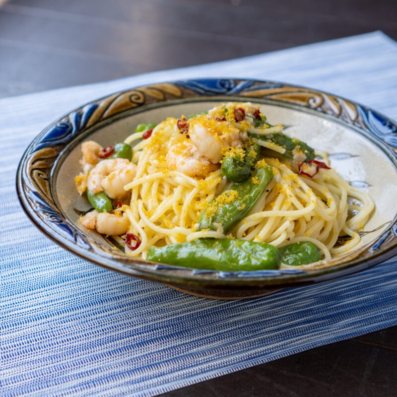 海老とししとう、カラスミのパスタ