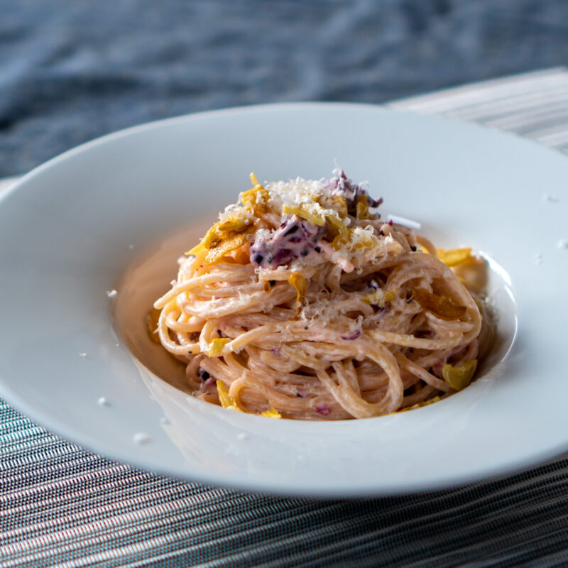 柴漬けとクリームチーズのパスタ