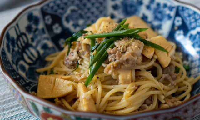 筍と豚肉とあさつきの和風ペペロンチーノ