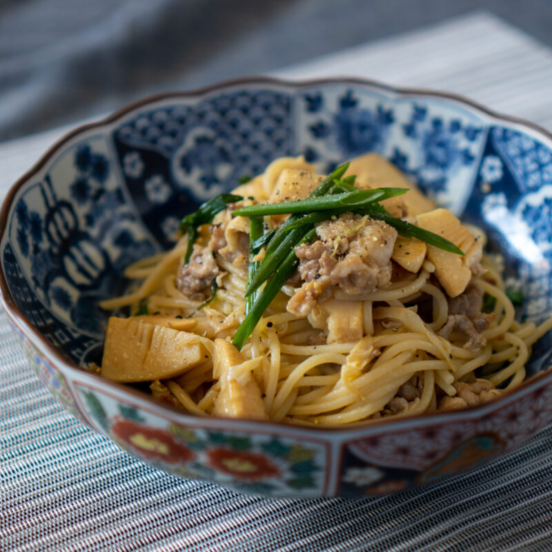 筍と豚肉とあさつきの和風ペペロンチーノ
